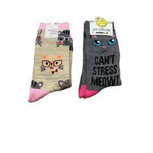 NWT Kitty Cat Lovers 2 Pair of Novelty Crew Socks Size 9-11 CAN'T STRESS MEOWT